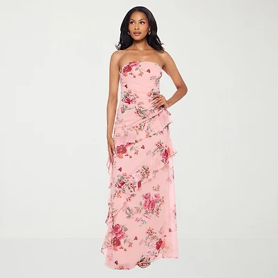 Premier Amour Womens Strapless Floral Fitted Gown