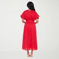 Premier Amour Womens Midi V Neck Short Sleeve Dolman Fit + Flare Dress