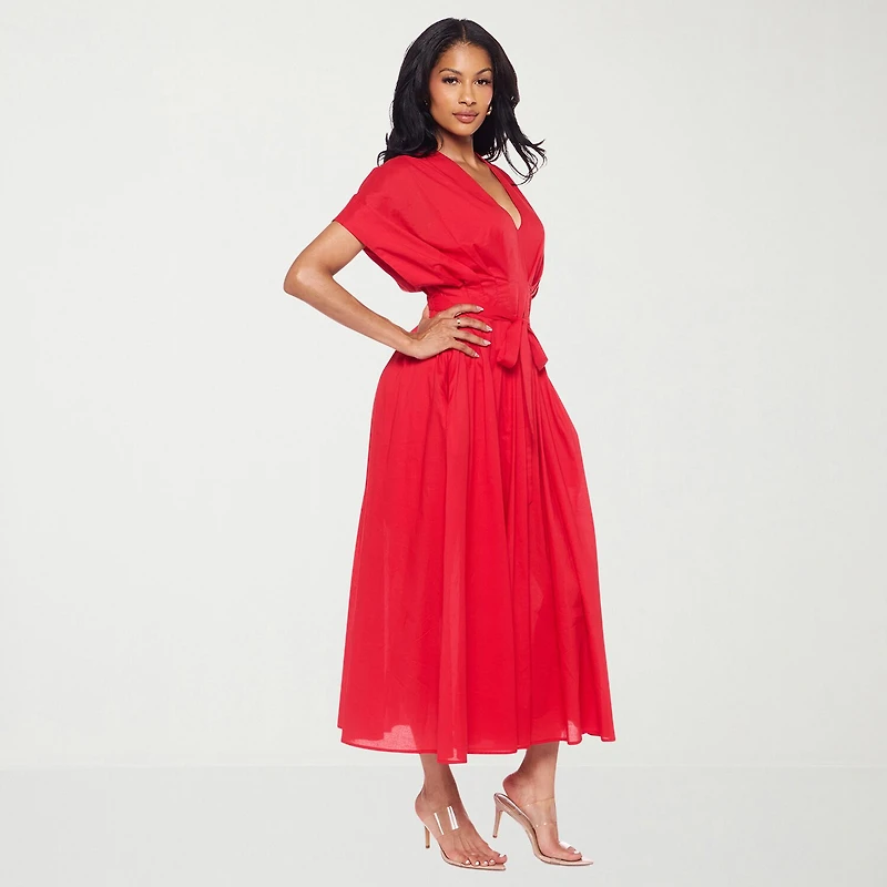 Premier Amour Womens Midi V Neck Short Sleeve Dolman Fit + Flare Dress
