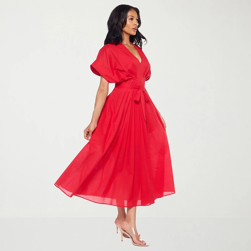 Premier Amour Womens Midi V Neck Short Sleeve Dolman Fit + Flare Dress
