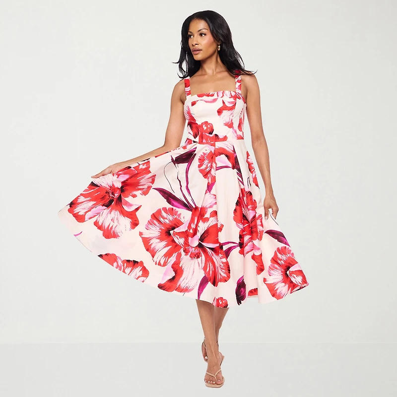 Premier Amour Womens Midi Straight Neck Sleeveless Floral Fit + Flare Dress