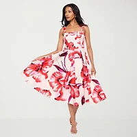 Premier Amour Womens Midi Straight Neck Sleeveless Floral Fit + Flare Dress