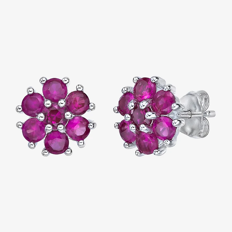 Lab Created Red Ruby Sterling Silver 9mm Flower Stud Earrings