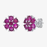 Lab Created Red Ruby Sterling Silver 9mm Flower Stud Earrings