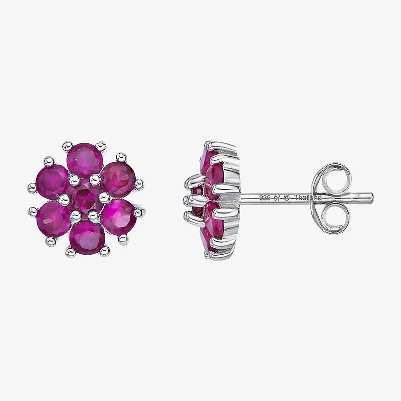 Lab Created Red Ruby Sterling Silver 9mm Flower Stud Earrings