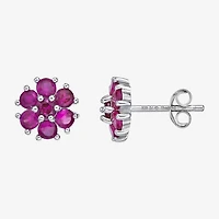 Lab Created Red Ruby Sterling Silver 9mm Flower Stud Earrings