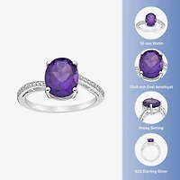 Diamond Accent and Gemstone Sterling Silver Oval Side Stone Cocktail Ring