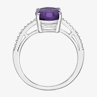 Diamond Accent and Gemstone Sterling Silver Oval Side Stone Cocktail Ring