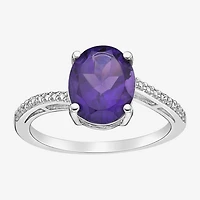 Diamond Accent and Gemstone Sterling Silver Oval Side Stone Cocktail Ring