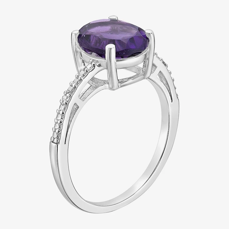 Diamond Accent and Gemstone Sterling Silver Oval Side Stone Cocktail Ring