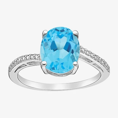 Womens Diamond Accent Genuine Blue Topaz Sterling Silver Oval Side Stone Cocktail Ring