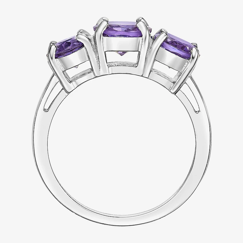 Womens Genuine Purple Amethyst Sterling Silver Oval 3-Stone Cocktail Ring