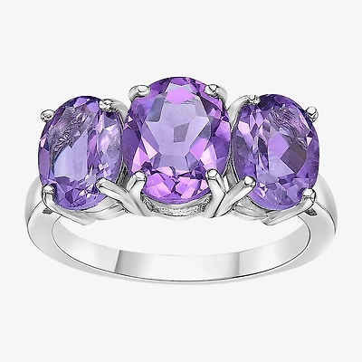 Womens Genuine Purple Amethyst Sterling Silver Oval 3-Stone Cocktail Ring