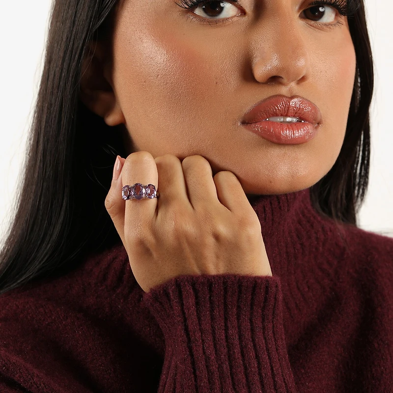 Womens Genuine Purple Amethyst Sterling Silver Oval 3-Stone Cocktail Ring
