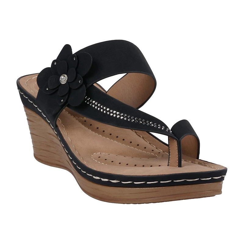 GC Shoes Womens Taryn Floral Toe-Loop Wedge Sandals
