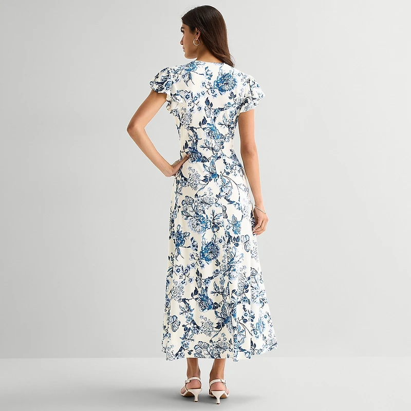 MSK Womens V Neck Short Sleeve Flutter Maxi Dress