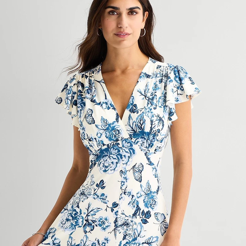 MSK Womens V Neck Short Sleeve Flutter Maxi Dress