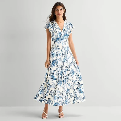 MSK Womens V Neck Short Sleeve Flutter Maxi Dress