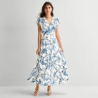 MSK Womens V Neck Short Sleeve Flutter Maxi Dress