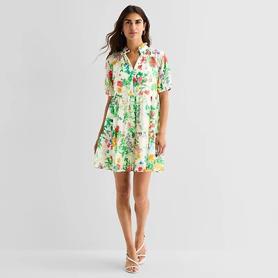 MSK Womens Midi V Neck Short Sleeve Floral Fit + Flare Dress