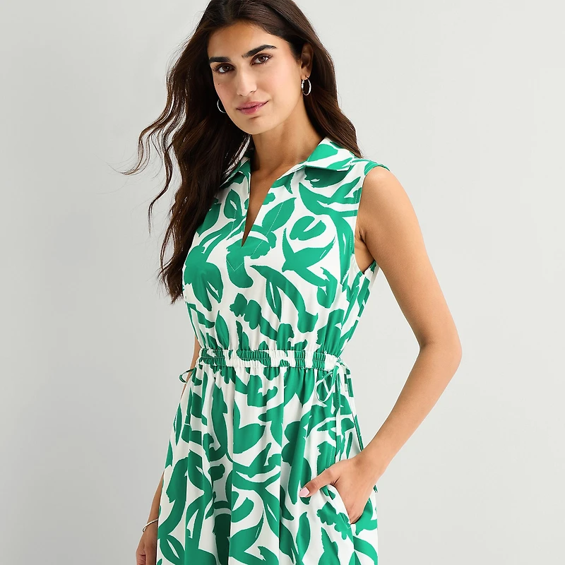 Marc New York Womens Midi V Neck Sleeveless Leaf Fit + Flare Dress