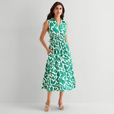 Marc New York Womens Midi V Neck Sleeveless Leaf Fit + Flare Dress