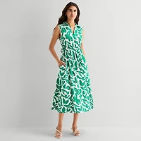 Marc New York Womens Midi V Neck Sleeveless Leaf Fit + Flare Dress