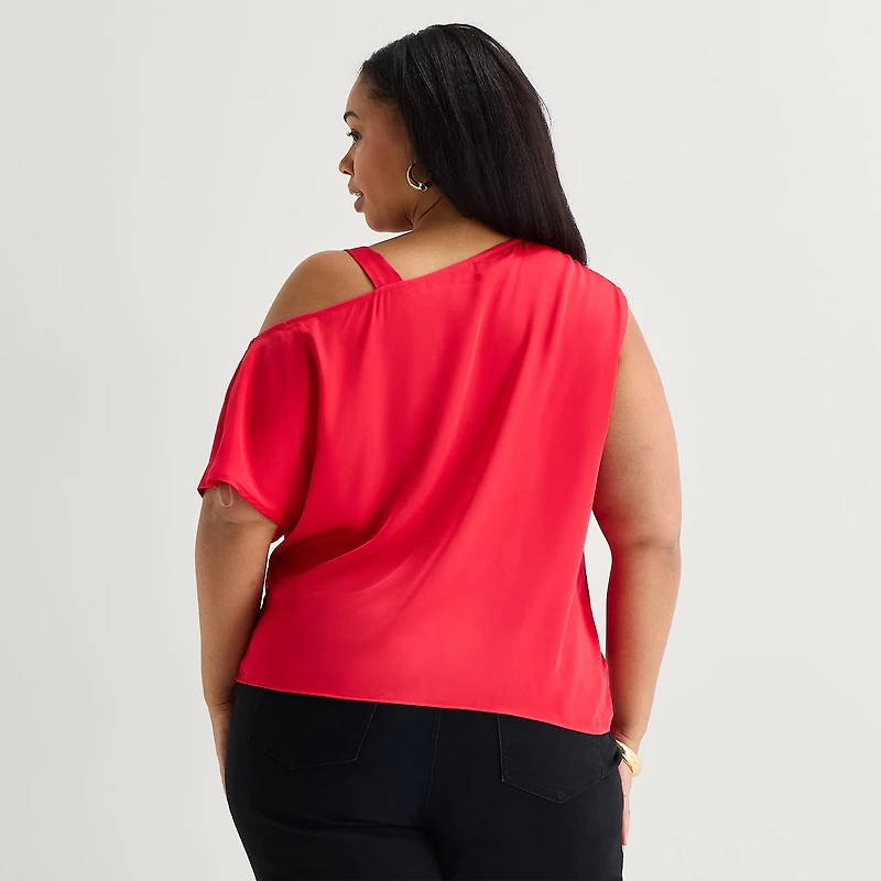 Bold Elements Womens Plus Asymmetrical Neck Short Sleeve Satin Blouse