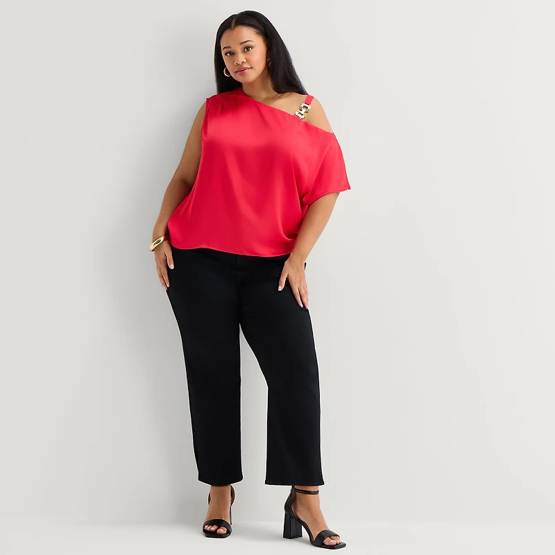 Bold Elements Womens Plus Asymmetrical Neck Short Sleeve Satin Blouse