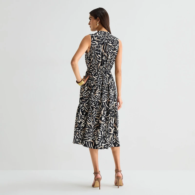 Isabel & Nina Womens Midi V Neck Sleeveless Leaf Fit + Flare Dress