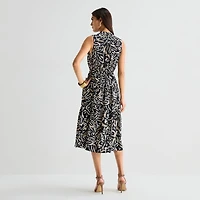 Isabel & Nina Womens Midi V Neck Sleeveless Leaf Fit + Flare Dress