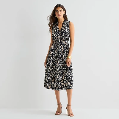 Isabel & Nina Womens Midi V Neck Sleeveless Leaf Fit + Flare Dress