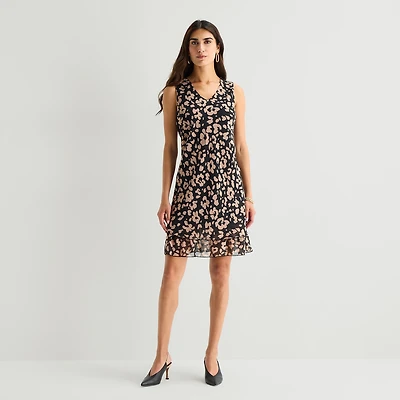 Robbie Bee Womens V Neck Sleeveless Floral Shift Dress