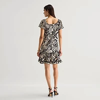 Isabel & Nina Womens Round Neck Short Sleeve Leaf Shift Dress