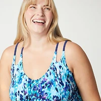 Free Country Womens Adjustable Straps Built Bra Abstract Plus Blouson Swimsuit Top