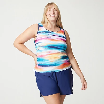 Free Country Womens Built Bra Shirred Stretch Fabric Striped Plus Tankini Swimsuit Top