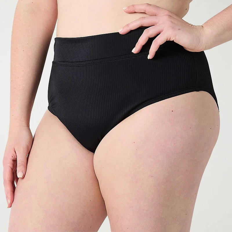 Decree Ribbed Womens Stretch Fabric Textured Juniors Plus Moderate Coverage High Waist Bikini Swimsuit Bottom