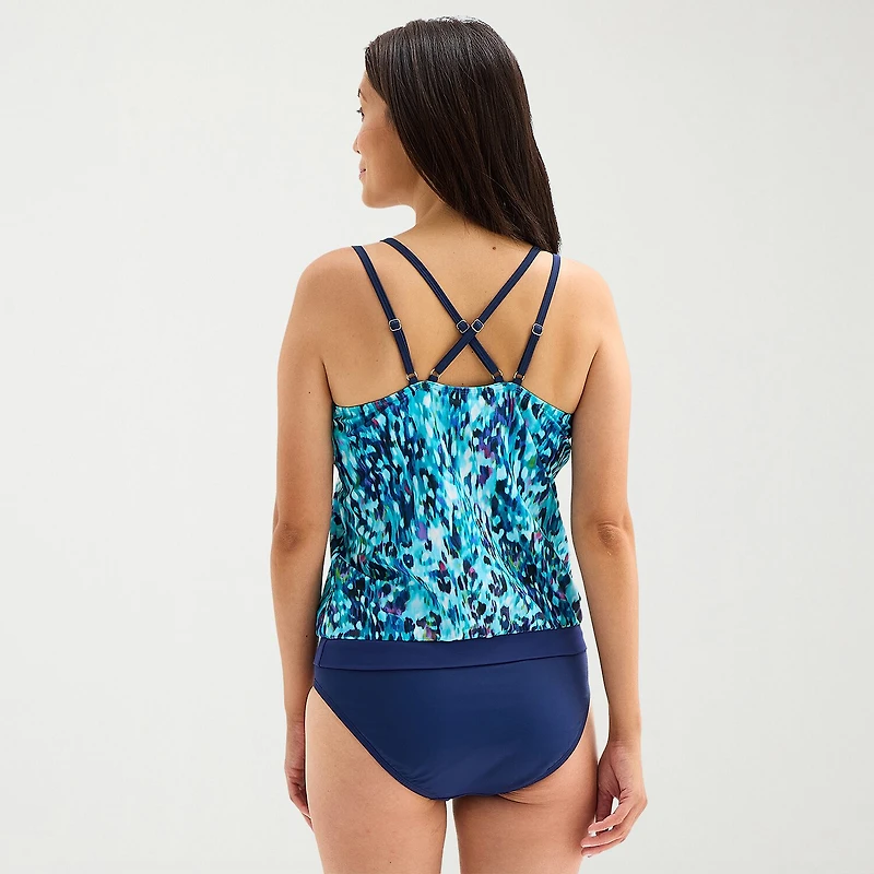 Free Country Womens Adjustable Straps Built Bra Abstract Blouson Swimsuit Top