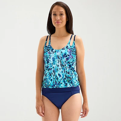 Free Country Womens Adjustable Straps Built Bra Abstract Blouson Swimsuit Top