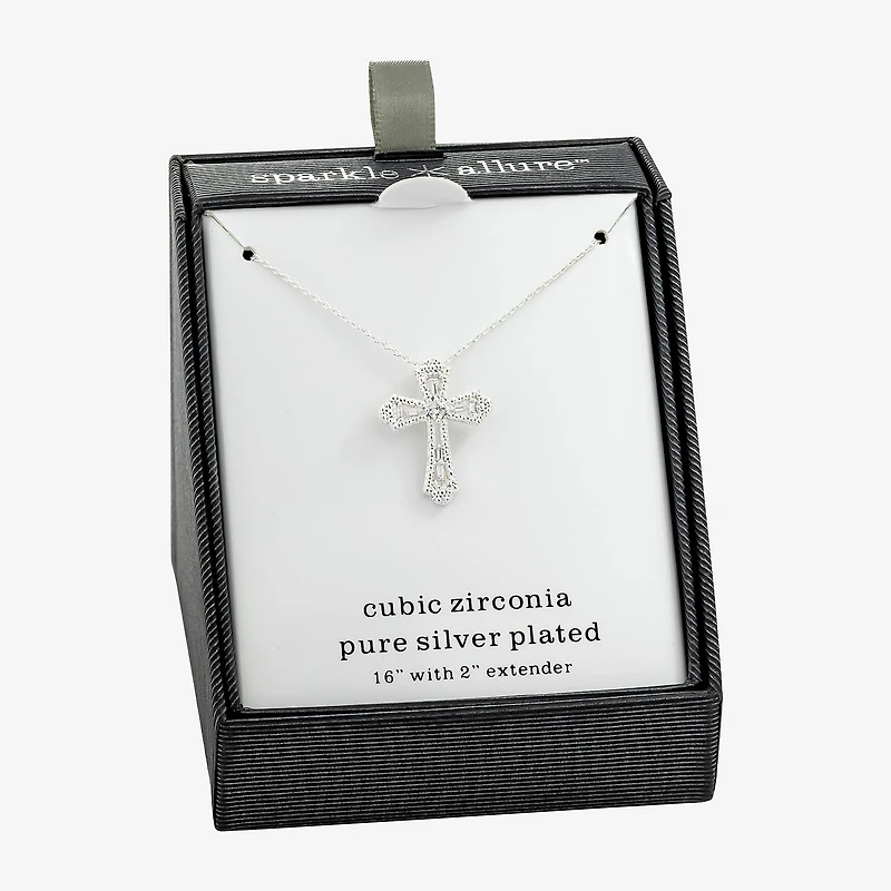 Sparkle Allure Womens Cubic Zirconia Pure Silver Over Brass Cross 16 Inch Pendant Necklace