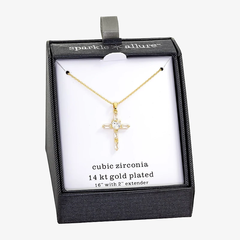 Sparkle Allure Womens Cubic Zirconia 14K Gold Over Brass Cross 16 Inch Pendant Necklace