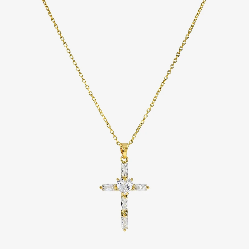 Sparkle Allure Womens Cubic Zirconia 14K Gold Over Brass Cross 16 Inch Pendant Necklace