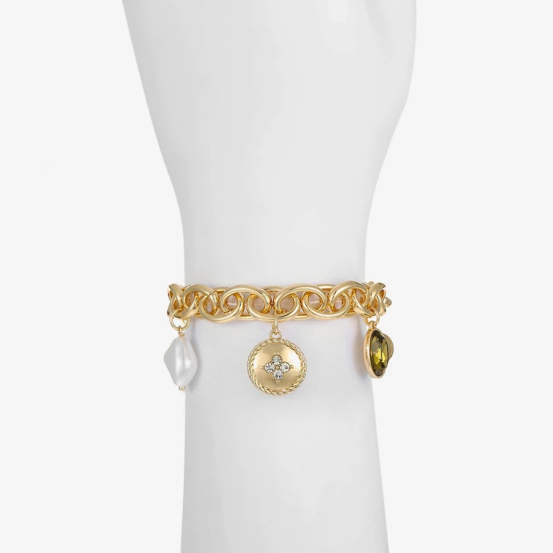 Liz Claiborne Gold Tone Nautical Womens Glass Simulated Pearl Charm Bracelet