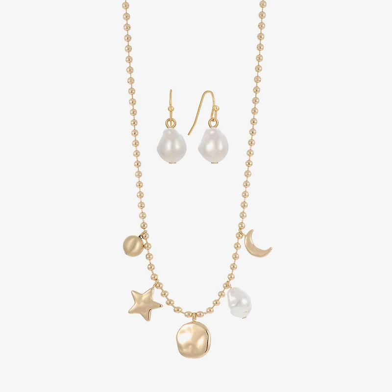 Liz Claiborne Gold Tone Charm Necklace & Drop Earring Womens Simulated Pearl Moon Star 2-pc. Jewelry Set