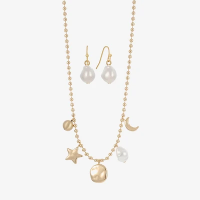 Liz Claiborne Gold Tone Charm Necklace & Drop Earring Womens Simulated Pearl Moon Star 2-pc. Jewelry Set