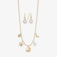 Liz Claiborne Gold Tone Charm Necklace & Drop Earring Womens Simulated Pearl Moon Star 2-pc. Jewelry Set