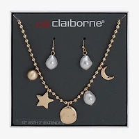 Liz Claiborne Gold Tone Charm Necklace & Drop Earring Womens Simulated Pearl Moon Star 2-pc. Jewelry Set