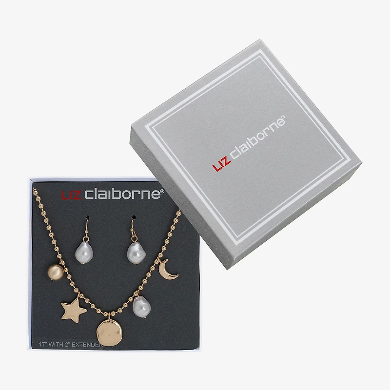 Liz Claiborne Gold Tone Charm Necklace & Drop Earring Womens Simulated Pearl Moon Star 2-pc. Jewelry Set