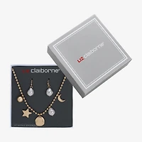 Liz Claiborne Gold Tone Charm Necklace & Drop Earring Womens Simulated Pearl Moon Star 2-pc. Jewelry Set