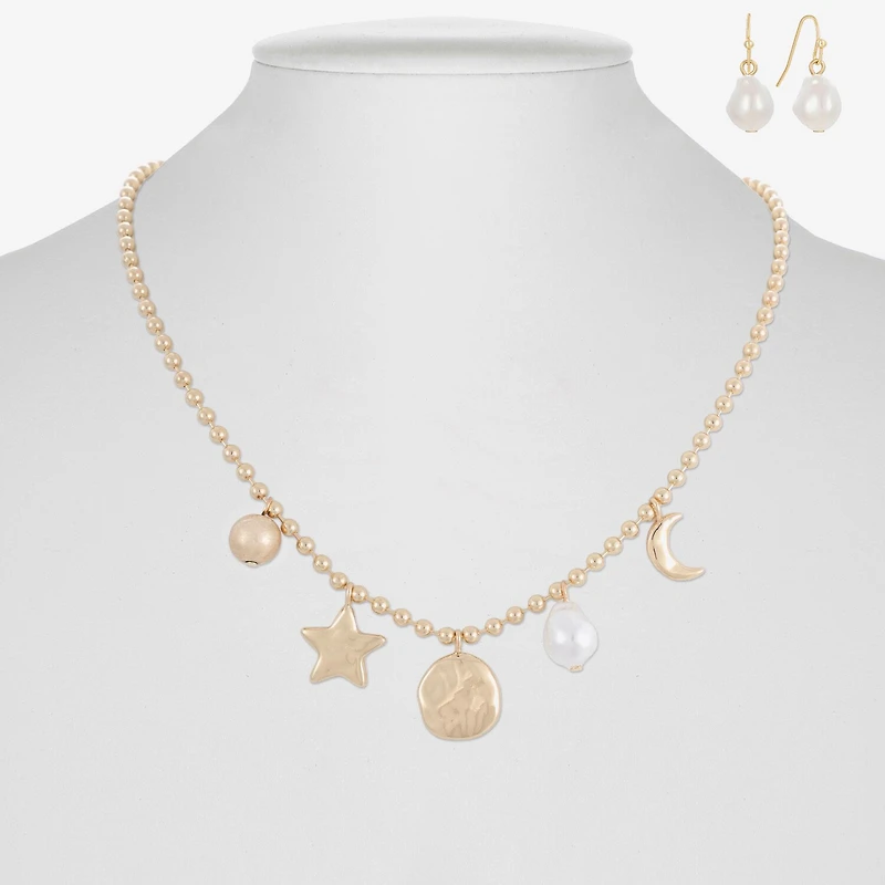 Liz Claiborne Gold Tone Charm Necklace & Drop Earring Womens Simulated Pearl Moon Star 2-pc. Jewelry Set